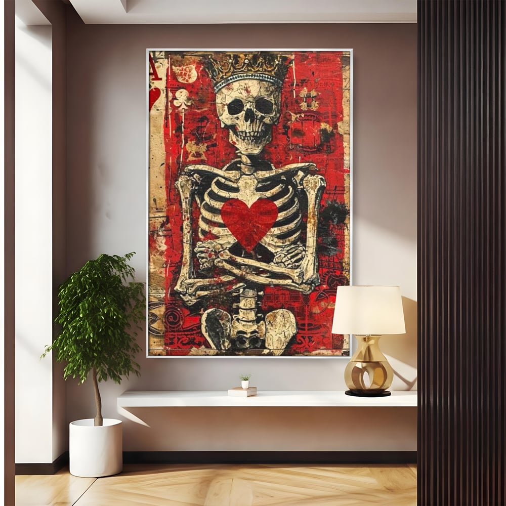 Tablou canvas cu tablou canvas cu schelet purtand coroana, in rama de aluminiu argintiu